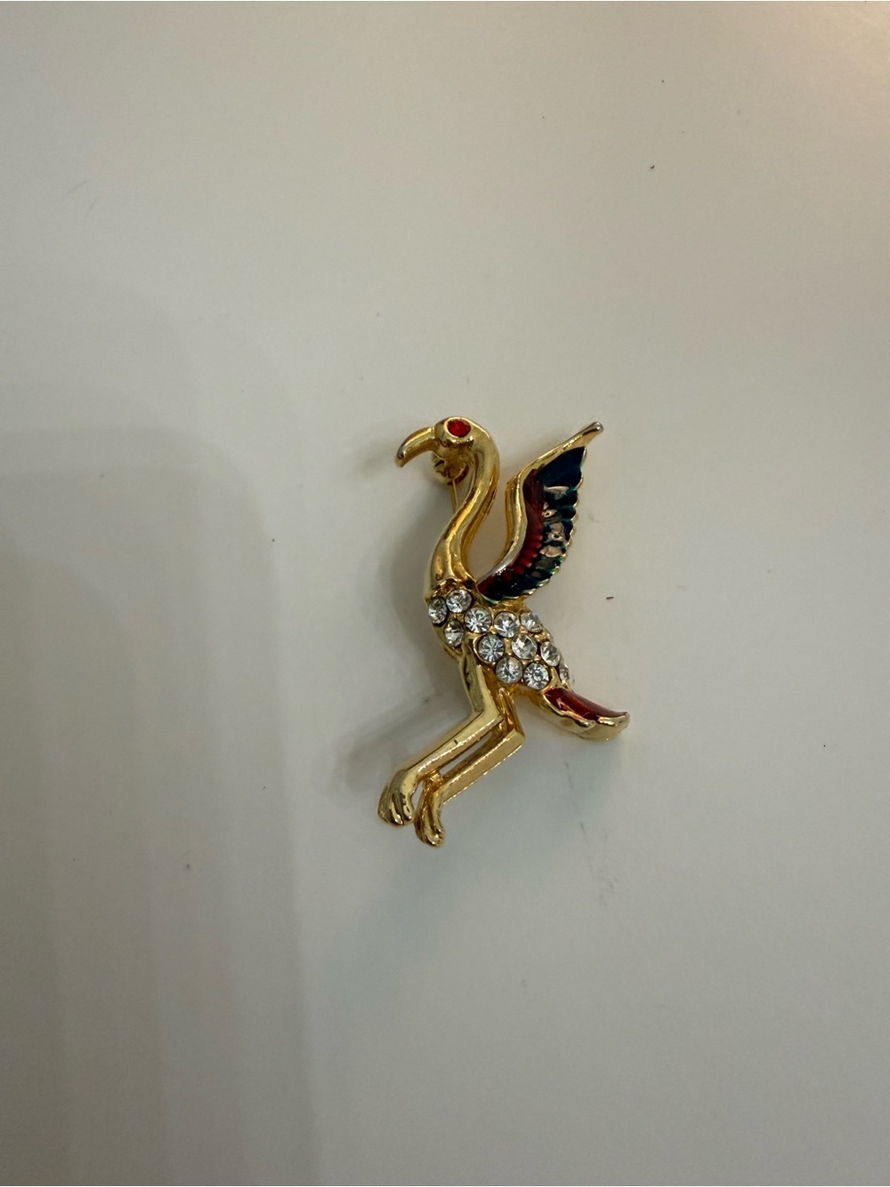 Vintage Rhinestone Bird Brooch Gold Tone Enamel Crane Heron Statement Pin